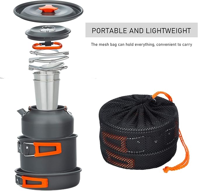 Camping Cookware Set Lightweight Portable Camping Pan Kettle Cups Outdoor Spoon Fork Cutter Outdoor Tableware for Picnic Hiking