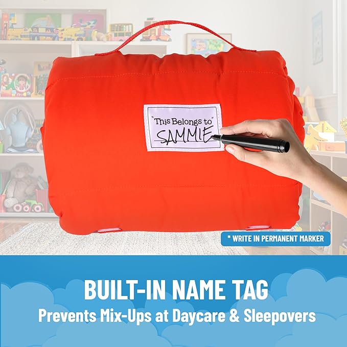 Jay Franco Kids Nap Mat with Embedded Pillow & Blanket – Soft 46"x20" Microfiber Sleeping Bag with Name Tag & Handle for School, Travel, Sleepover