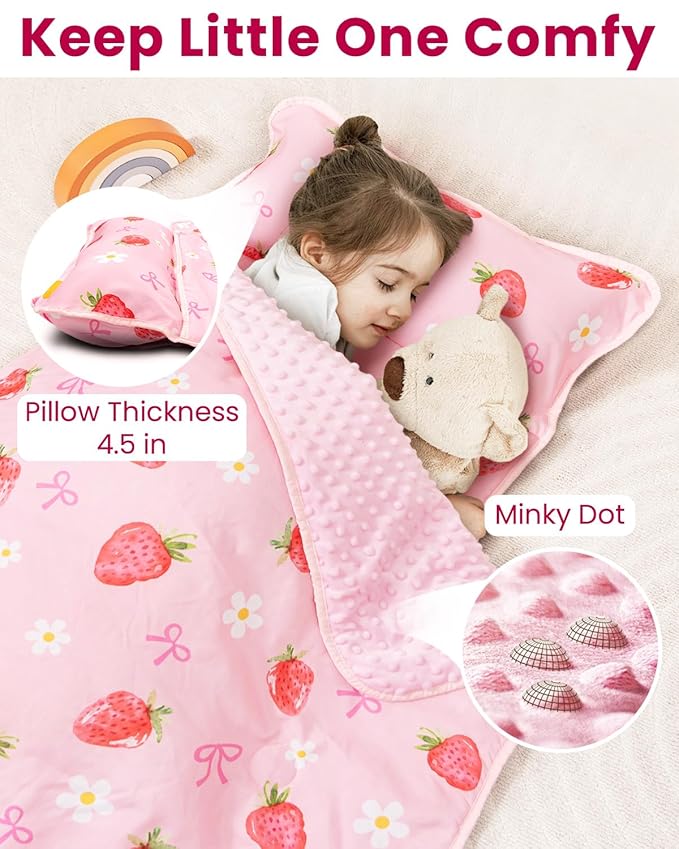 Toddler Nap Mat with Pillow and Minky Blanket, Large 55"x37" Sleeping Bag, Washable, Lightweight, Easy to Roll, Perfect for Preschool, Daycare, Kindergarten, Travel, Boys and Girl-Strawberry