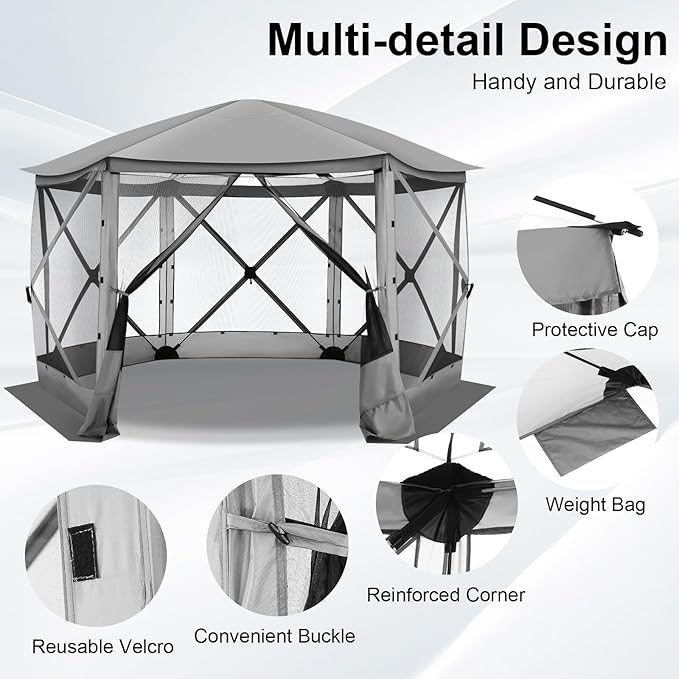 COBIZI Pop Up Gazebo Screen Tent Screen House for Camping, 12x12 Screen Room with Mosquito Netting, Hub Tent Instant Screened Canopy with Carrying Bag and Ground Stakes, Gray