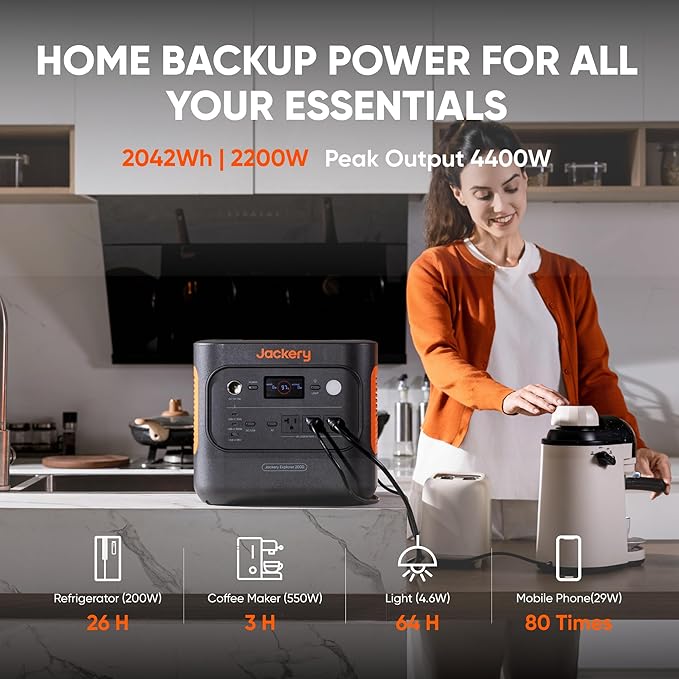 Jackery Explorer 2000 v2 Portable Power Station with 12V Automobile Charging Cable, 2042Wh LiFePO4, 2200W Solar Generator, USB-C PD 100W Fast Charging for Camping, Home Use (Solar Panel Optional)