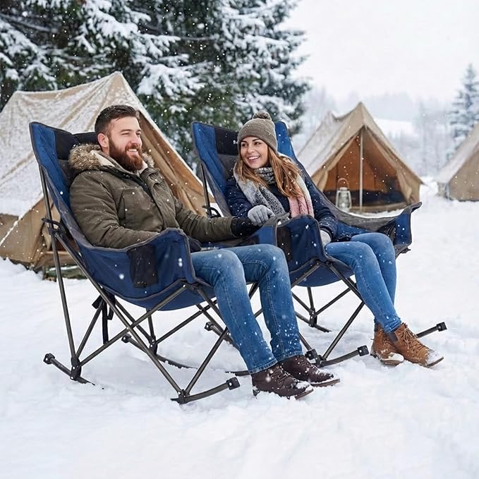 SUNNYFEEL Rocking Camping Chair 2 Pack Fully Padded Patio Folding Chair Portable Oversized Outdoor Rocker High Back Lawn Recliner with Side Pocket Camp Rocker Chairs for Adults Heavy Duty 500 LBS Blue