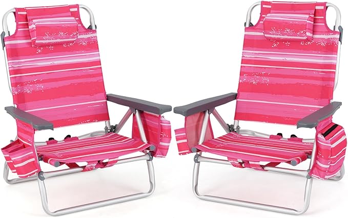 Giantex Folding Beach Chair, Patio Sling Chairs with 5 Adjustable Position, Head Pillow, Storage Bag, Towel Bar, Cup Holders, Backpack Chairs for Sunbathing, Camping Chair
