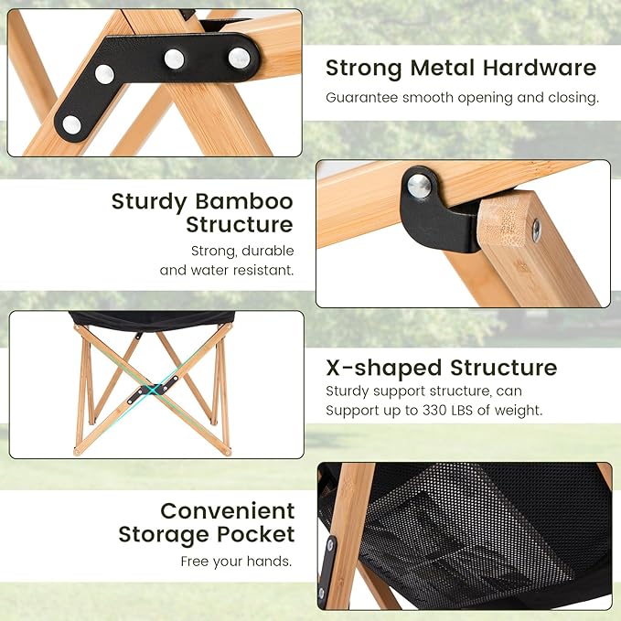 Giantex Camping Chairs 2 Pack, Folding Beach Chairs for 330lbs, Outdoor Butterfly Chair, Portable Lawn Chairs for Picnic Fishing Hiking Mountaineering, Lightweight Bamboo Frame No Assembly (Black)