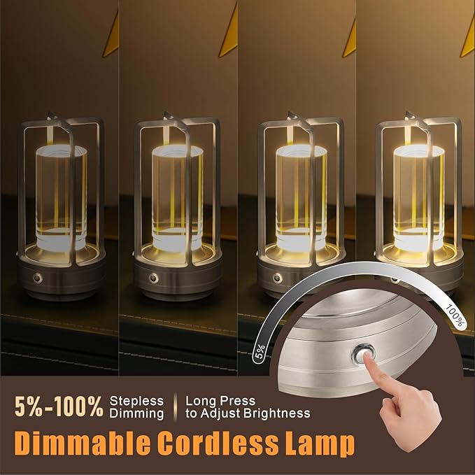 Rechargeable Table Lamp Cordless, Portable Metal Table Lamp 3 Color | Crystal | Stepless Dimming, for Bedroom, Cafe, Camping, Bar, Dining Table, Restaurant
