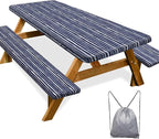 Picnic Table Cover with Bench Covers Camping Essentials Waterproof Windproof Camping Tablecloth with Drawstring Bag, Fitted Rectangle Tables and Seats, 72in, Navy Blue Stripes