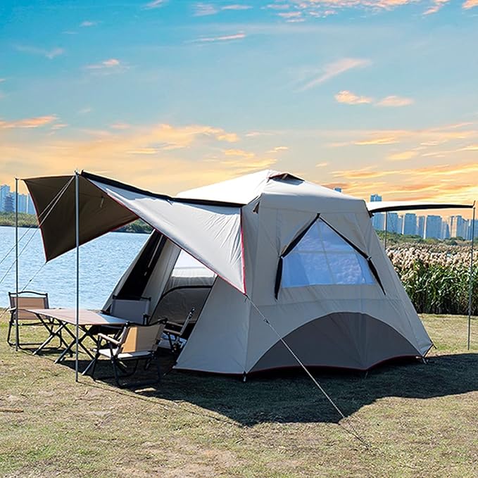 Automatic Pop Up Ultralight Dome Tents, 4 Seasons & Windproof Family Camping Tent with Removable Outer Tarpaulin, Double Layers(Brown)