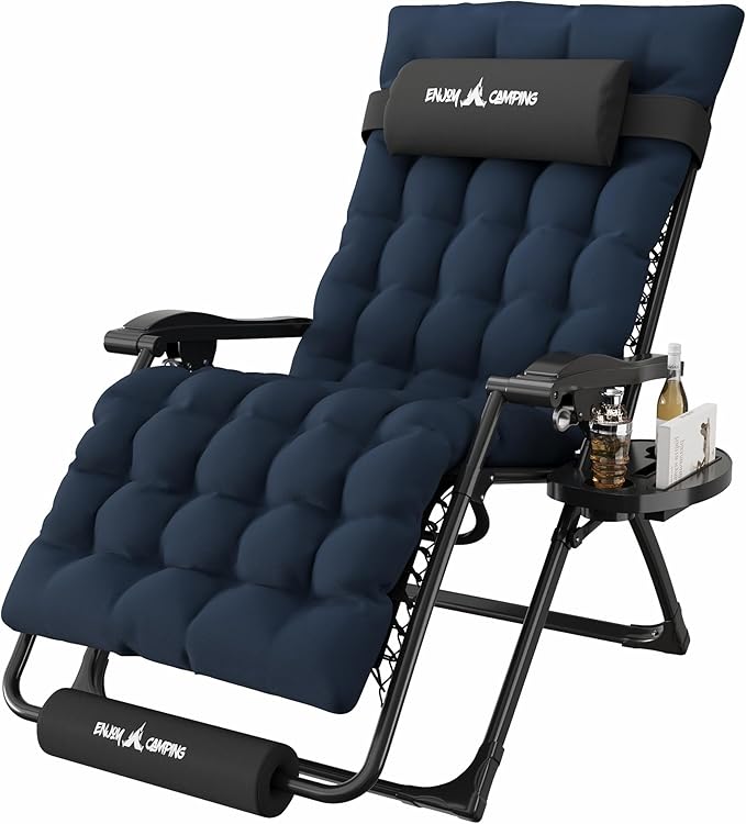 Amopatio Oversized Padded Zero Gravity Chair, XL 29In Reclining Camping Lounge Chair w/Removable Cushion&Headrest, Upgraded Lock and Footrest, Folding Patio Recliner for Indoor Outdoor, Navy