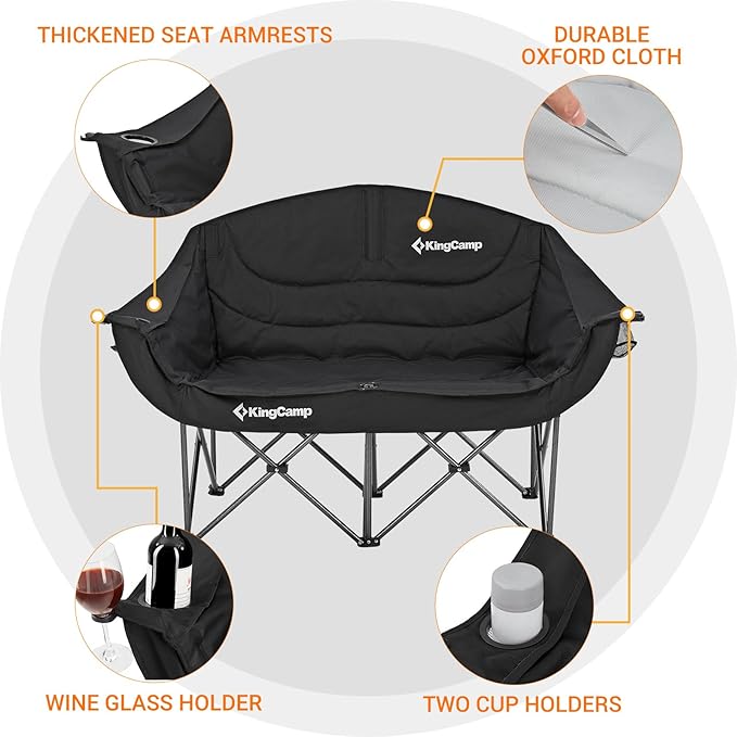 KingCamp Double Camping Chair, Oversized Heavy Duty 550lbs Loveseat for Adults Portable Folding XL 2 Person Couch Padded Comfortable Two Seat with Cup Holder for Outdoor Lawn Backyard, Black