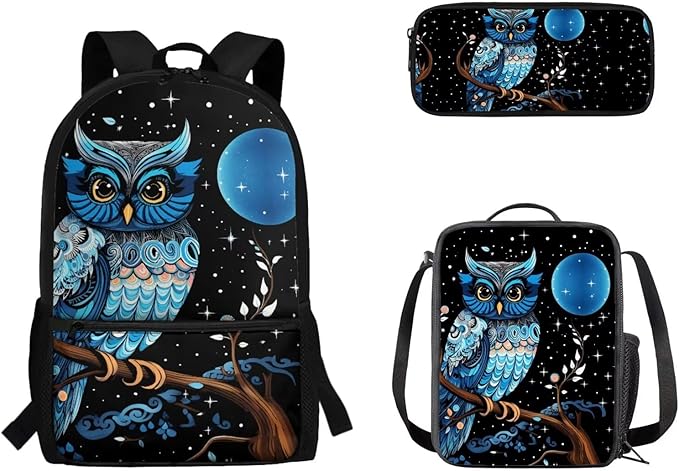 3 Set of Blue Owl and Moon Printing Book Bag, Matching Portable Lunch Box and Large Capacity Pencil Case, 17 inch School Backpack with Sturdy Handle Double Zipper