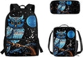 3 Set of Blue Owl and Moon Printing Book Bag, Matching Portable Lunch Box and Large Capacity Pencil Case, 17 inch School Backpack with Sturdy Handle Double Zipper