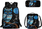 3 Set of Blue Owl and Moon Printing Book Bag, Matching Portable Lunch Box and Large Capacity Pencil Case, 17 inch School Backpack with Sturdy Handle Double Zipper