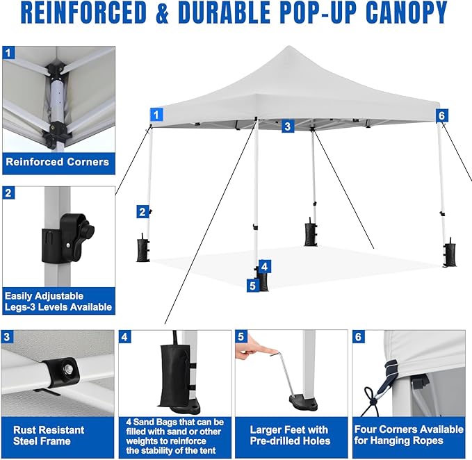 Yesker 10x10 Pop Up Canopy Tent with 4 Sidewalls Portable Folding Outdoor Canopy Easy Setup Gazebo Waterproof Instant Popup Shelter Tent w Wheel Carry Bag sandbags for Events Parties Camping, White