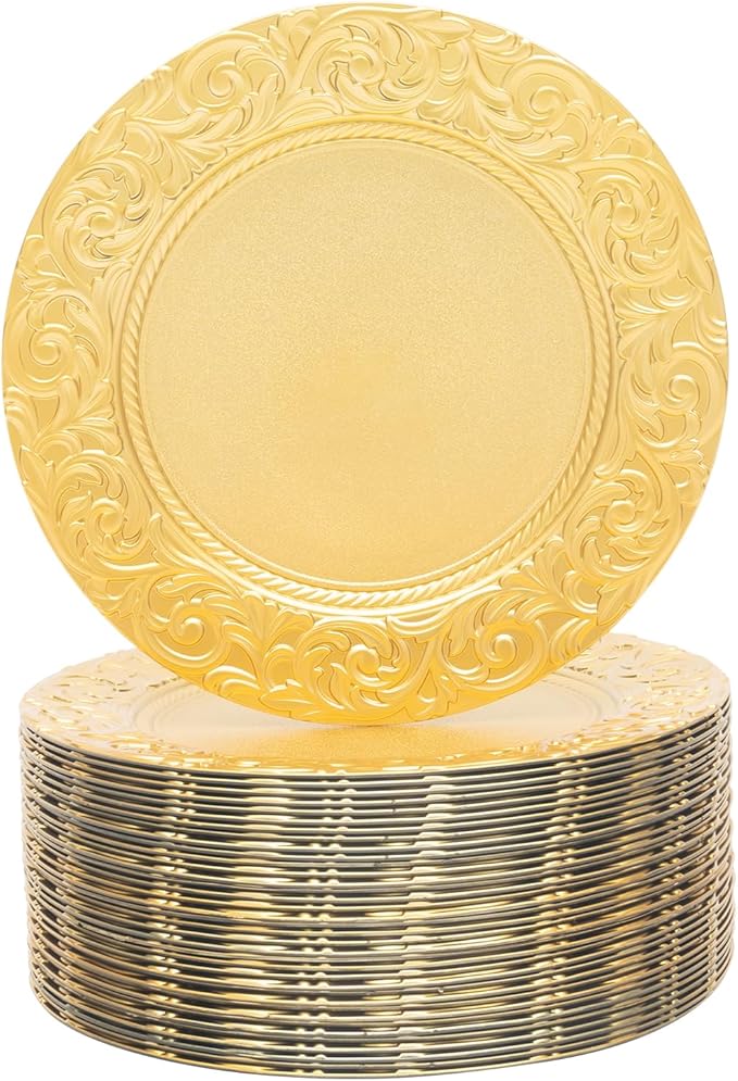 DYRABREST 100 Pcs 13 Inch Gold Charger Plates, Bulk PP Wedding Chargers with Floral Reef Design Decorative Round Ruffled Rim Dinner Plates for Wedding Party Event Table Setting Decoration