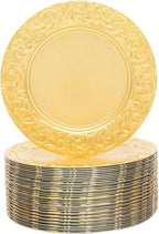 DYRABREST 100 Pcs 13 Inch Gold Charger Plates, Bulk PP Wedding Chargers with Floral Reef Design Decorative Round Ruffled Rim Dinner Plates for Wedding Party Event Table Setting Decoration