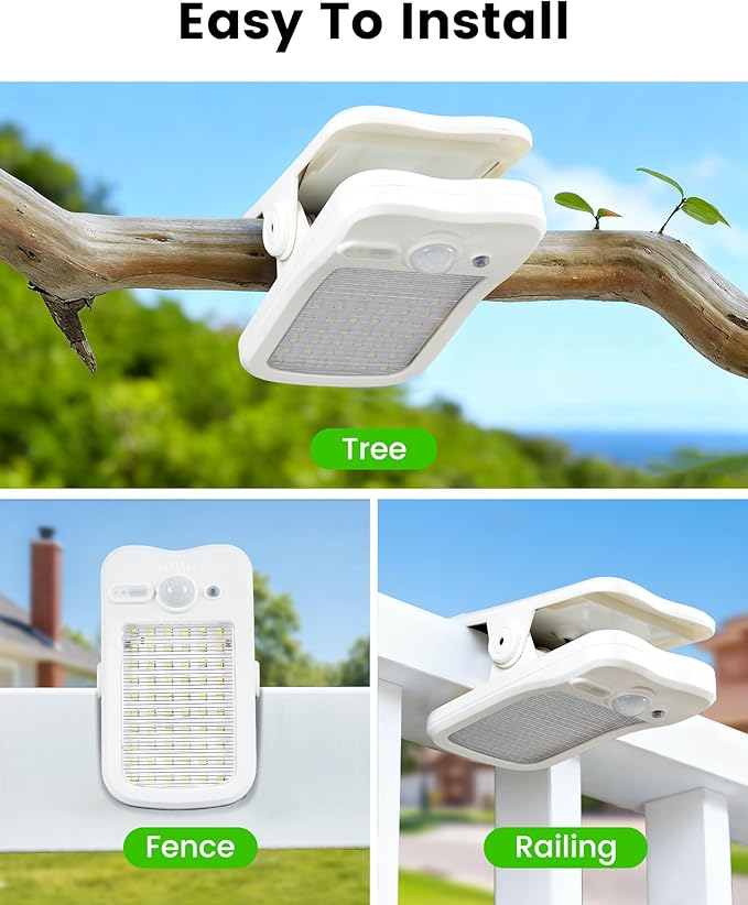 Clip on Solar Lights for Fence, 3 Modes Solar Motion Lights Outdoor Waterproof, 60LEDs 500LM Portable Security Light for Fence, Deck, Garage, Camping, USB Charging, 2 White