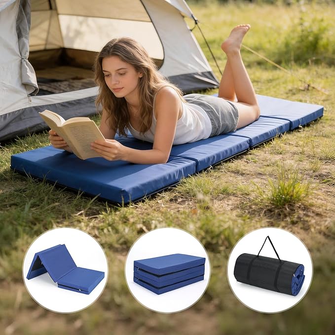 ABORON Camping Cot with 2in Memory Foam Trifold Mattress, 900LBS Heavy Duty Sleeping Cot for Adults, Extra Wide Sleeping Cot, 1200D Double Layer Oxford Cot for Camping, Guest, Office Nap