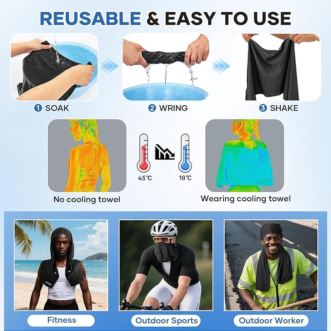 Cooling Hoodie Towel: Cooling Towels for Neck and Face Sun Protection Instant Cool for Hot Weather Hiking Camping Running Golf Gardening Fishing Music Festivals Theme Parks Beach - 4 Packs