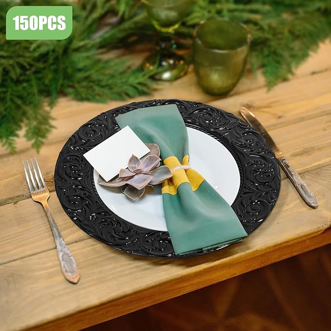 DYRABREST 150 Pcs 13 Inch Charger Plates, Bulk PP Wedding Chargers with Floral Reef Design Decorative Round Ruffled Rim Dinner Plates for Wedding Party Event Table Setting Decoration