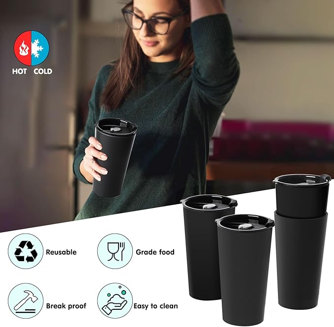 4 Pack Plastic Travel Coffee Mug Set, 20 oz Spill Proof Drinking Cups with Lids, Pobtable to Go Camping Coffee Tumbler Reusable Coffee Mugs with Lids, Dishwasher & Microwave Safe