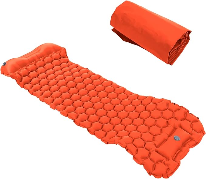 Camping Sleeping Pad Mat, Foot Press Inflatable Cushion Mattress, Sturdy 40D Nylon Fabric, TPU Laminate, for Tent Hiking Travel, Lightweight Compact, Easy to Store (Orange)