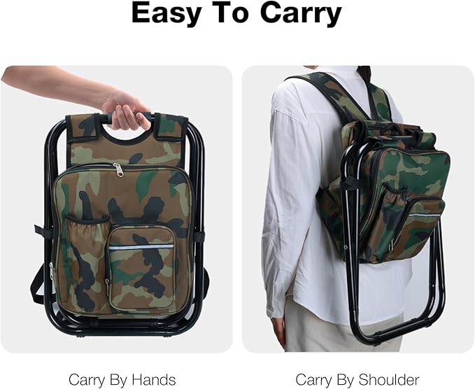 Portable Backpack Stool Cooler Chair for Adults, Folding Large 3 in 1 Multifunction Insulated Camping Seat Backpack Cooler Chair Heavy Duty 350lbs for Fishing Hunting, Camouflage