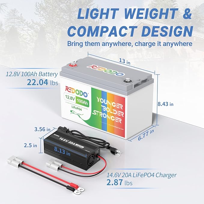 Redodo 12.8V 100Ah LiFePO4 Battery with 14.6V 20A Lithium Battery Charger; Built-in 100A BMS, 5 Hours Fast and Fully Charging, 4000 Cycles Battery for RV, Camping, Solar Home, Marine, Boat etc