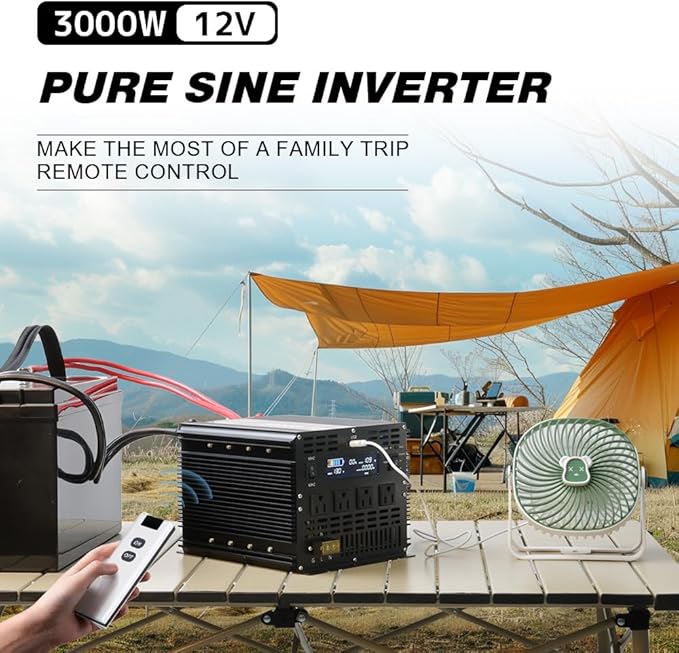 3000 Watt Pure Sine Wave Power Inverter, 12V DC to 110V/120V AC Converter 6000W Peak, with Remote Control LCD, 4 AC Outlets & USB Port & Hardwire Terminal, for Truck RV Boat Camping Solar System EPS