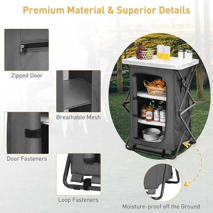 Goplus Folding Camping Storage Cabinet, Pop Up Outdoor Camping Kitchen Station with Large 3-Tier Storage Organizer, Carry Bag, Easy Set Up Portable Compact Camping Table for BBQ Picnic Backyard (35'')