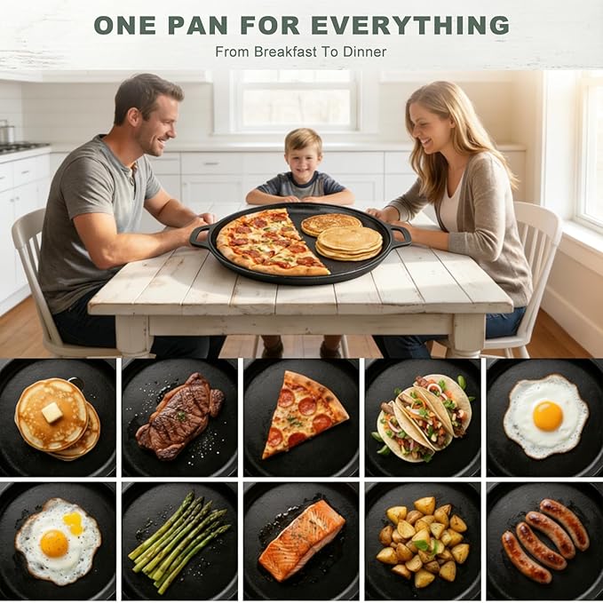 12" Nonstick Cast Iron Griddle Pan -Comals Para Tortillas, Dishwasher Safe&Pre-Seasoned Round Skillet with Handles for Stove Top, Oven, Grill & Camping –Versatile Flat Top for Pancakes&Meats