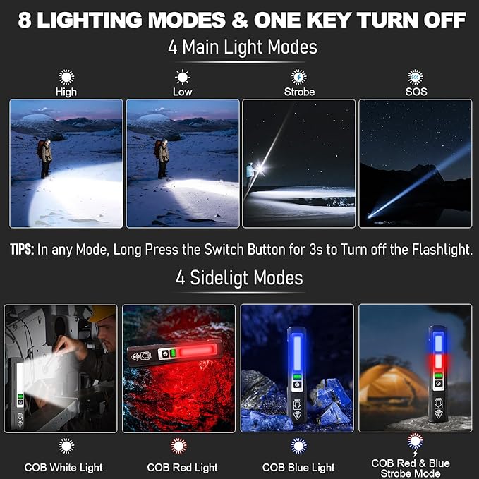 Rechargeable Flashlights High Lumens - Super Bright Small Pocket Magnetic Flashlight, 8 Modes LED Tactical Flash Light, Dual Button Powerful Work Light for Car,Home,Camping,Emergency (2, Pure Black)