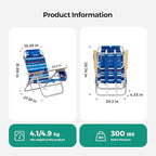 SUNNYFEEL Folding Beach Chair, Aluminum Heavy Duty Beach Chair with 5-Position, Portable Camping Chair for Adult, Low Back, Wood Armrest, Lightweight, 300lbs, Blue Stripe, 2 Pack