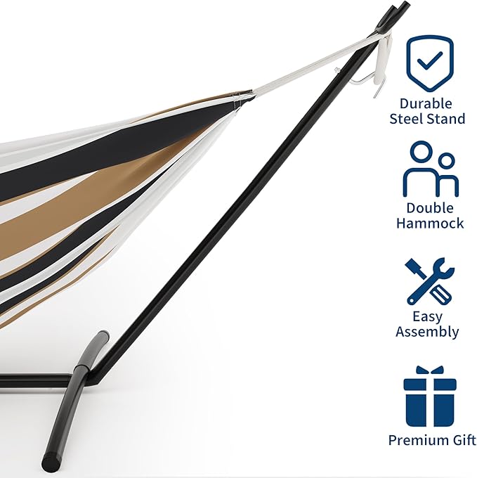 Double Hammock with Stand - Heavy Duty 450lbs Capacity, Portable Cotton Hammock for Two Adults, Indoor & Outdoor Use with Travel Bag(Coffee)