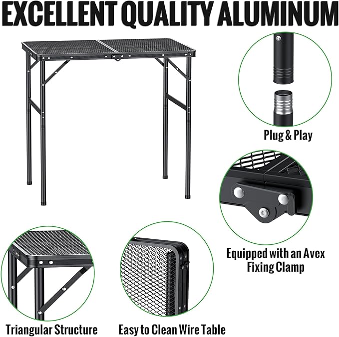 GARLLEN Folding Grill Table, 2-Height Adjustable Folding Camping Table with Heat-Resistant Wider Tabletop, Portable Aluminum Outdoor Tables for BBQ, Camping, Picnic, 35" L x 21.65" W, Black