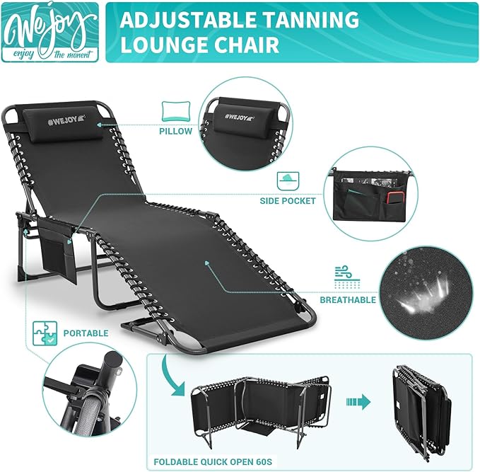 #WEJOY Folding Lounge Chair Outdoor, 5-Position Adjustable Sunbathing Tanning Chair with Shoulder Strap & Side Pocket, Heavy Duty Reclining Chair for Patio Pool Camping, Portable Folding Bed Cot,Black