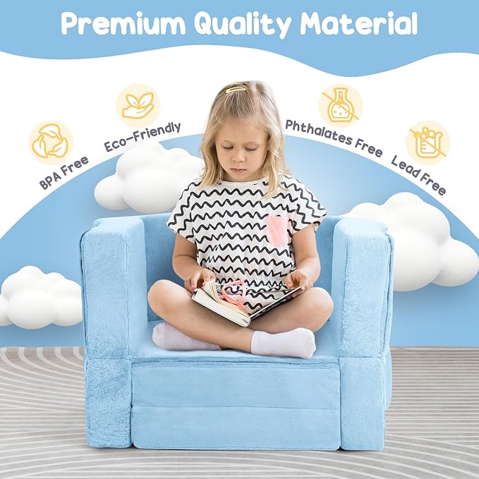 Portable Toddler Travel Bed, 2-in-1 Foldable Toddler Bed Sofa Chair, Soft Baby Kids Travel Floor Cot with Washable Covers Safety Foam Raised Bumper for Grandma's House Road Trips Camping Hotel (Blue)