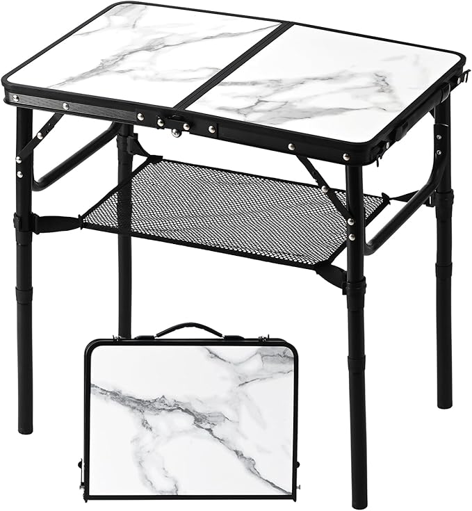 Small Folding Camping Table, 2ft Portable Table with 3 Adjustable Heights, Aluminum Lightweight Foldable Picnic Table with Mesh Layer and Extension Legs for RV, Camp and Indoor (Black Frame)