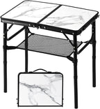 Small Folding Camping Table, 2ft Portable Table with 3 Adjustable Heights, Aluminum Lightweight Foldable Picnic Table with Mesh Layer and Extension Legs for RV, Camp and Indoor (Black Frame)