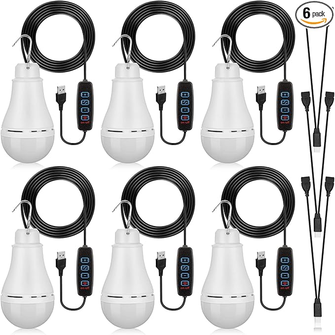 6 Pcs USB Light String LED Portable Light Bulb Rechargeable USB Strip, 6.6 ft Length Cord Camping Lantern with Splitter Cable for Camping Porch Backyard Garage Warehouse Truck Fishing Boat