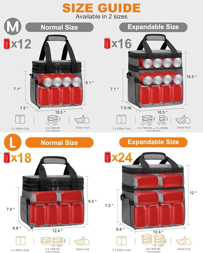 Lunch Box For Men Women Double Deck Insulated Lunch Bag For Men Woman Leakproof Expandable Cooler Bag with Adjustable Shoulder Strap for Kids Shool Work Picnic Camping(Gray‌,Large)