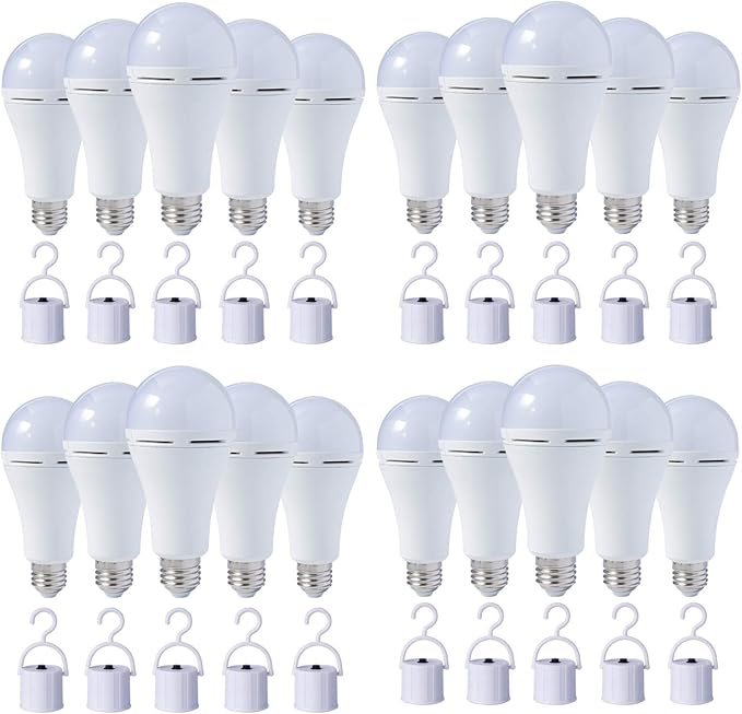 20 Pack HOLDWILL Rechargeable Emergency LED Bulb, Multi-Function Battery Backup Emergency Light for Power Outage Camping Outdoor Activity 9W 900LM 60W Equivalent White Daylight 6000K with E26/E27 Base
