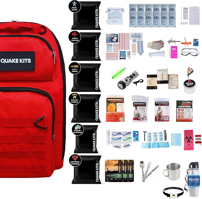 72hr Extensively Prepared Emergency Kit for Disaster Preparedness - Emergency Go Bag with Cook-in-Pouch Food, Water + Purification, First Aid, Deluxe Tools. Survival Kit for Earthquakes