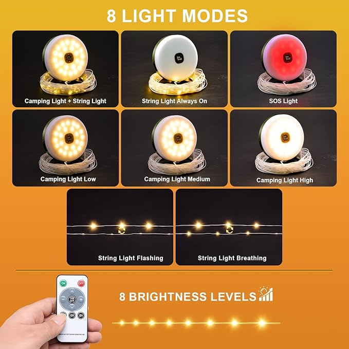 Solar Camping String Lights, Retractable Waterproof 33FT LED Camp Light with 8 Light Modes, Rechargeable 3000mAh Battery Powered Fairy Lights with Remote for Outdoor, Tent, RV, Patio, Awning, Party