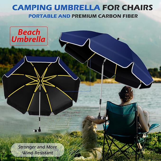 48.8 inch Beach Umbrella with Clamp Sun Shade for Beach Chair, 360°Adjustable UV Protection Golf Umbrella with Clip for Outdoor Stroller Wheelchair Camping Chair（ink blue）