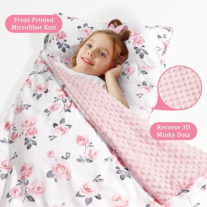 PHF Toddler Nap Mat with Removable Pillow and Minky Fleece Blanket, Rollup Design Warm Slumber Bags for Girls, 52"x20"x2" Kids Sleeping Bag for Daycare Preschool Travel Camping, Floral