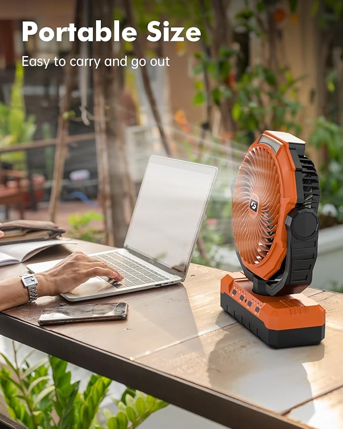 3-in-1 Camping Fan - Detachable Rechargeable Battery Operated Fan with Light & Hook for Tent, Outdoor - USB Table Fan with 4 Speeds for Picnic, BBQ, Fishing, Travel, Hurricane