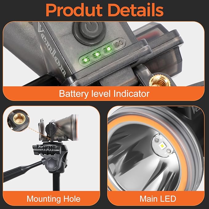 Rechargeable Diving Headlamp, IPX8 Waterproof Underwater Flashlight, 4 Modes with Battery Level Indicator,10H Runtime Scuba Dive Light with Battery & USB Charger Cable (Mode 301 White Light)