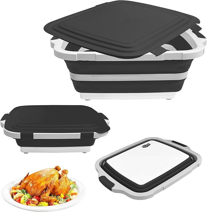 Collapsible BBQ Prep Tub with Cutting Board & Lid, Folding Food Container BPA-Free Heavy-Duty, Dishwasher Safe, Upgraded Drain Hole - for Camping, Grilling Outdoor Cooking (Black, X-Large)