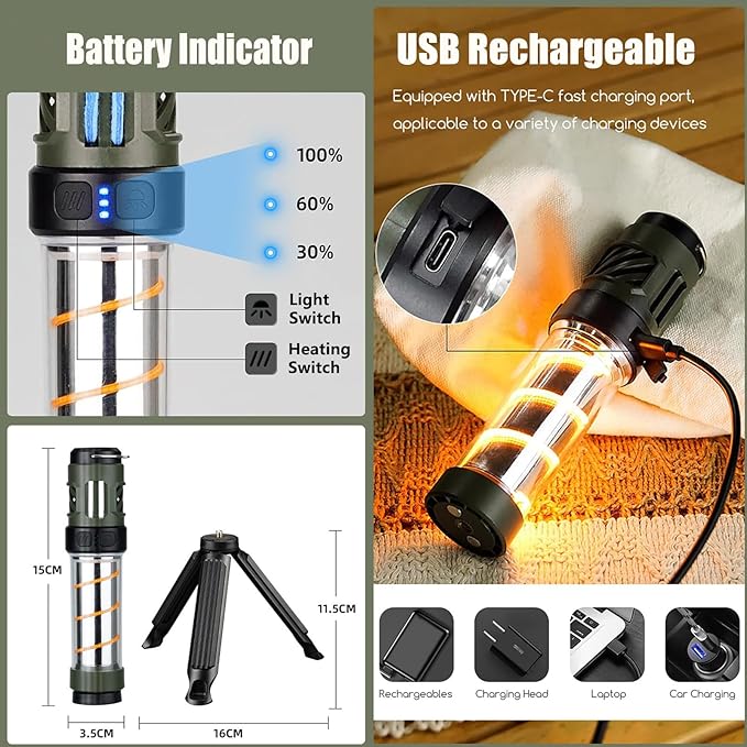 Repelix 𝓜𝓸𝓼𝓺𝓾𝓲𝓽𝓸 Repellent, Buzz Defense Portable, LED Rechargeable Flashlight Camping Lantern with Dual-Heating, Magnetic Design, Tripod Mount Buzz Repel Light for Patio Camping, 12Refills