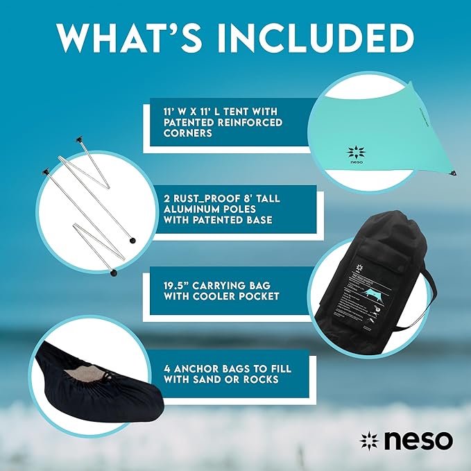 Neso Gigante Portable Beach Tent Sun Shelter - Lightweight Beach Shade Canopy - Easy Setup for Family Outings - Patented Reinforced Corners - UPF 50+ Sun Protection - 8ft Tall, 11 x 11ft - Seafoam